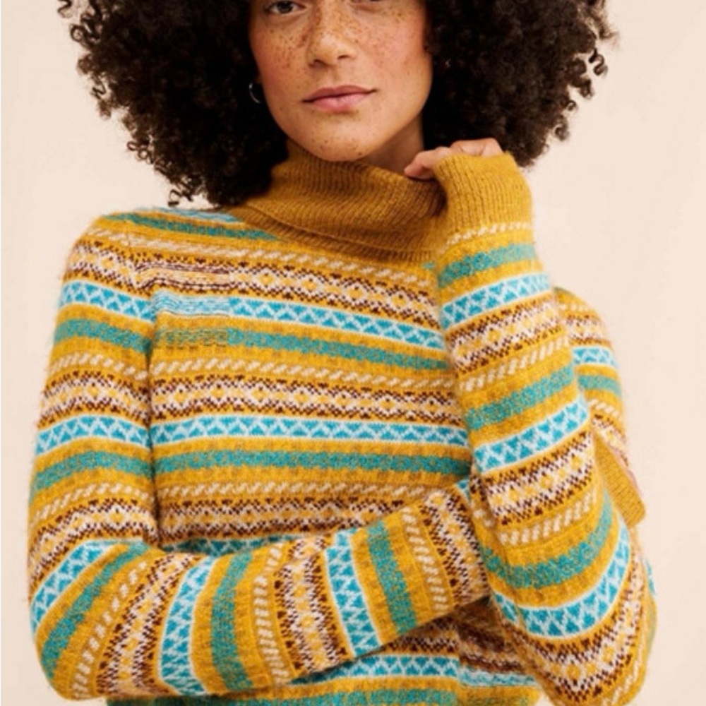 Anthropologie Mustard & Teal Striped Turtleneck Sweater